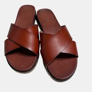 MIA Brown Leather Cross Strap Slide Sandals Size 9 Lug Sole Slip On Flats